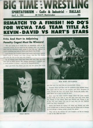Big Time Wrestling Program 4/5/81 Von Erich Vs Kabuki 1981 Vintage