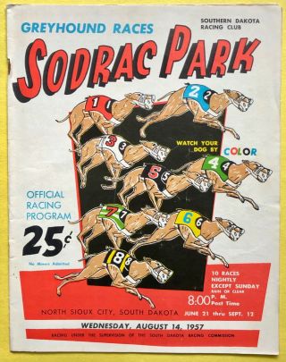 Vintage 1957 Sodrac Park (south Dakota) Greyhound Program - Wednesday August 14