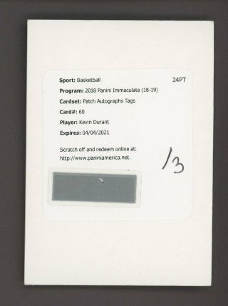 2018 - 19 Immaculate Kevin Durant Warriors Tag Patch Auto /3 Redemption