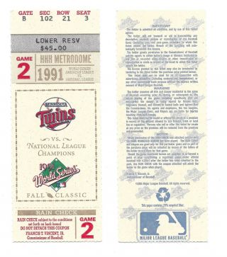 1991 World Series Game 2 Ticket Stub Minnesota Twins Vs Atlanta Braves