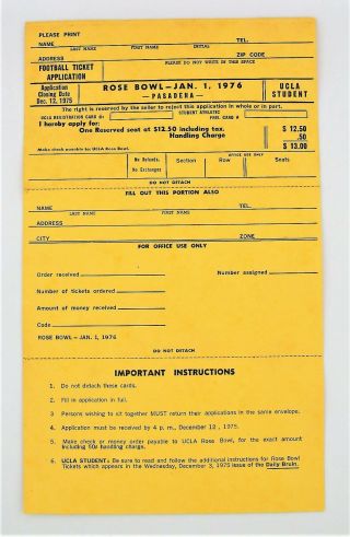 1976 Rose Bowl Ticket Application For Ucla Bruins Football Student Section