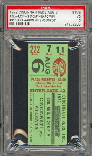 Aug 6,  1972 Reds Vs Braves Ticket Stub Hank Aaron 2 Hr 
