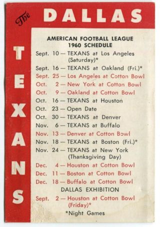 1960 Dallas Texans Football Pocket Schedule Card Very Rare