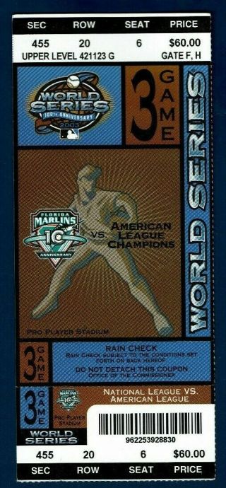 2003 World Series Game 3 Full Ticket Marlins V Yankees Mussina W Rivera Save