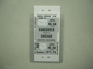 1975/76 Vancouver Canucks Vs Chicago Black Hawks Hockey Ticket Full Stub Sharp