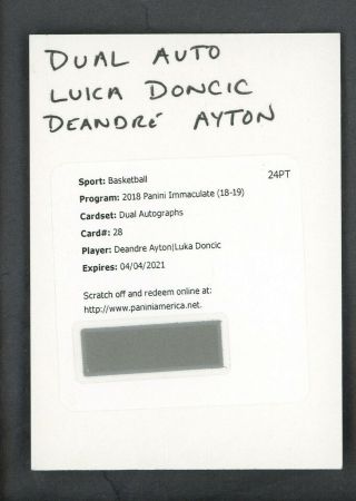 2018 - 19 Immaculate Deandre Ayton Luka Doncic Rc Dual Auto Redemption