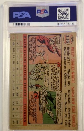 1956 Topps 135 Mickey Mantle PSA 3 VG Grey Back Like 4,  Centered T/B Glossy 2