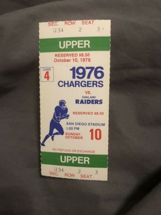 1976 San Diego Chargers Vs Oakland Raiders Ticket.  Fouts Vs Stabler