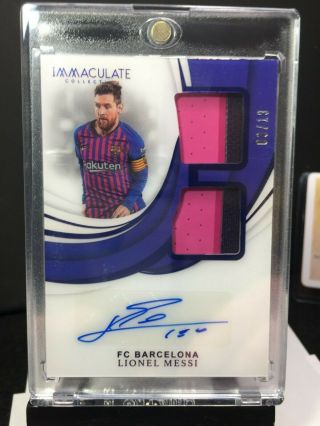2018 - 19 Immaculate Soccer Lionel Messi Dual Patch Autograph Sapphire 3/10 Auto