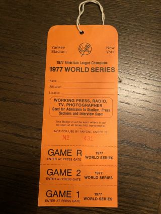 1977 World Series Press Pass Game 1 2 Yankees Yankee Stadium
