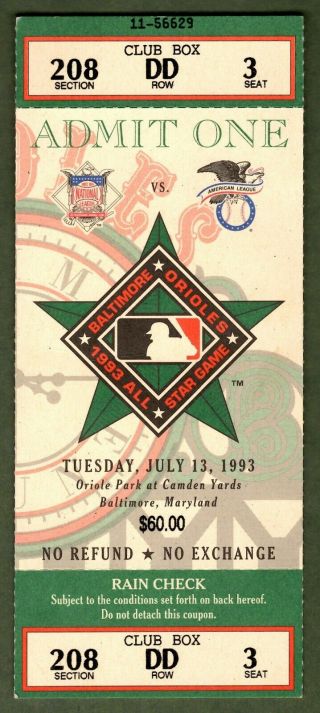 1993 Baseball All Star Game Full Ticket Camden Yards