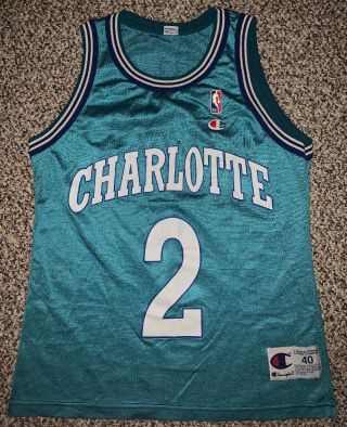 Vintage 1990s Charlotte Hornets Larry Johnson Champion Basketball Jersey 40 Med