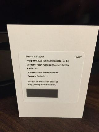 2018 - 19 Immaculate Giannis Antetokounmpo Auto Patch Jersey Number Redemption