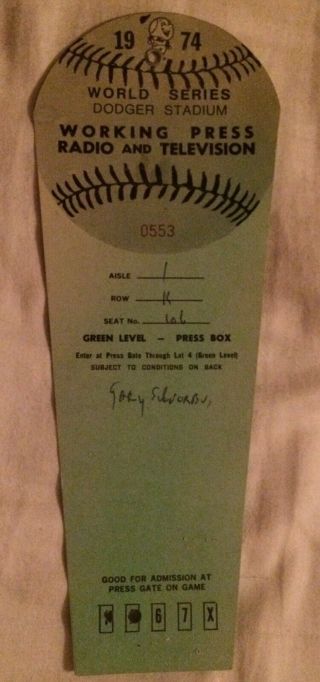 1974 World Series - Press Ticket Stub Pass La Dodgers Oakland A 