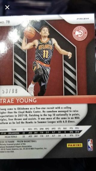 2018 - 19 Prizm 78 Trae Young Red Prizm Choice SSP RC Rookie 53/88 2