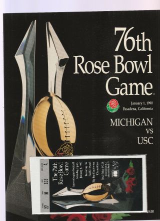 1990 Rose Bowl Game Program Usc Vs Michigan With Ticket Stub