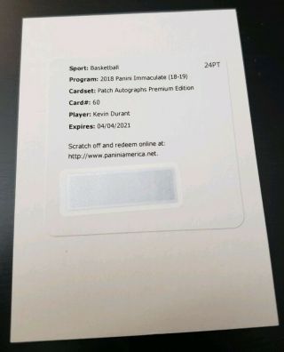 2018 - 19 Immaculate Premium Edition Kevin Durant Patch Auto /14 Redemption Sp