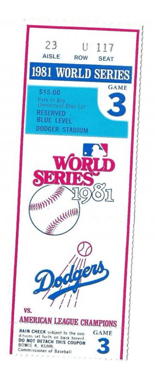 1981 World Series Dodgers V Yankees Game 3 Ticket Stub