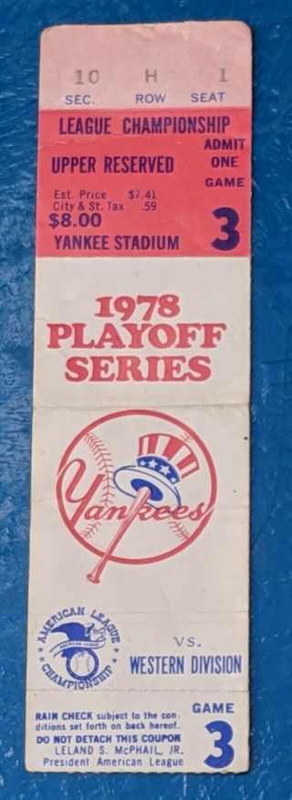 1978 Alcs Playoff Ticket - Ny Yankees Vs Kansas City Royals - Game 3 - Yankees Won