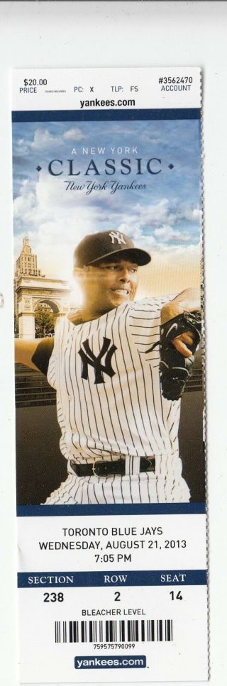 2013 Ny Yankees Vs Blue Jays Ticket Stub 8/21 Ichiro Hit 4000 With Rivera On It