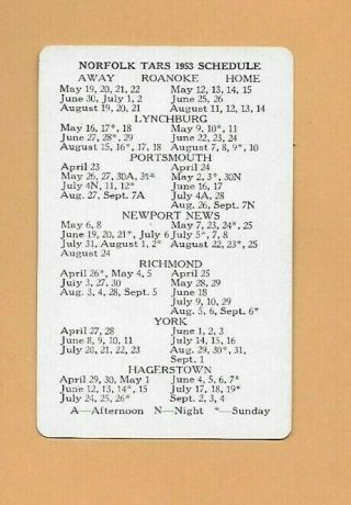 1953 Norfolk Tars Baseball Pocket Schedule Piedmont League Connie Mack On Front