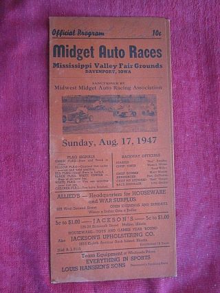 August 17,  1947 Midget Auto Races Program Davenport Iowa Fairgrounds