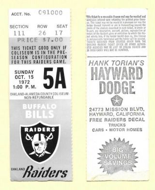 1972 Oakland Raiders Vs Buffalo Bills Ticket Stub At The Coliseum - Oj Simpson