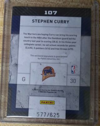 2009 - 10 Stephen Curry Panini Threads Rookie Class Patch Auto RC 107 577/625 2