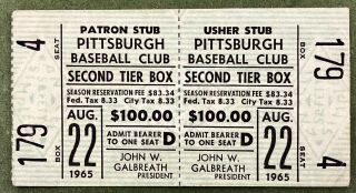 August 22,  1965 Baseball Ticket Stub Milwaukee Braves Vs.  Pittsburgh Pirates