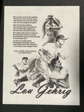Lou Gehrig Teammates Presentation Poem On July 4 1939 Stitched 8.  5 X 11