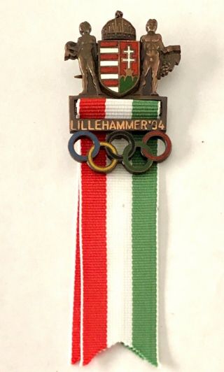 Hungary Noc Olympic Team Pin - Lillehammer 1994 - Badge With Ribbon