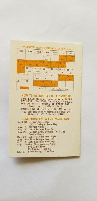 1971 San Diego Padres MLB Bi - Fold Pocket Schedule 2