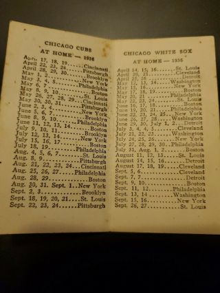 Sweet 1936 Chicago Cubs & White Sox Pocket Schedule.  Chas D.  Franz