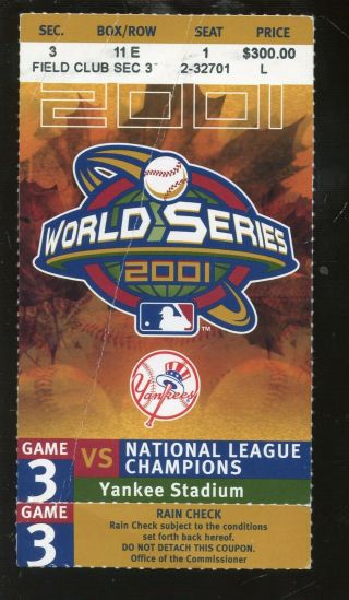 2001 World Series Ticket Stub Arizona Diamondbacks At York Yankees Game 5