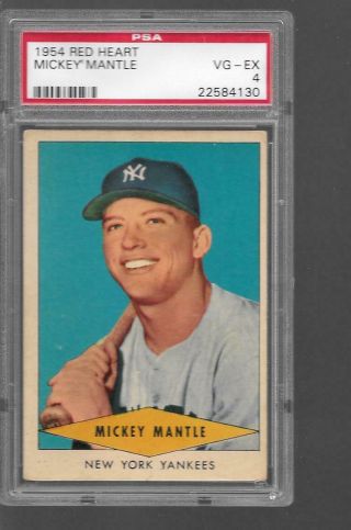 1954 Red Heart Mickey Mantle Yankees Psa 4 Vg - Ex