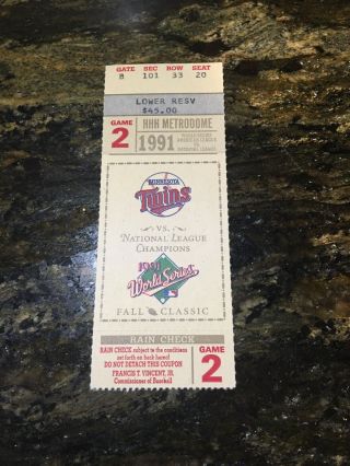 1991 Mlb World Series Minnesota Twins Atlanta Braves Game 2 Ticket Stub 10/20/91
