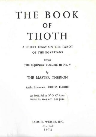 Aleister Crowley - Book Of Thoth - 1972 Weiser Hardcover Ed Tarot Thelema O.  T.  O.