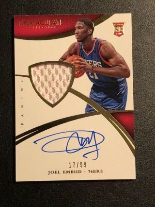 2014 - 15 Panini Immaculate Joel Embiid Rookie Patch Auto Rc 17/99 Sp Rpa 76ers