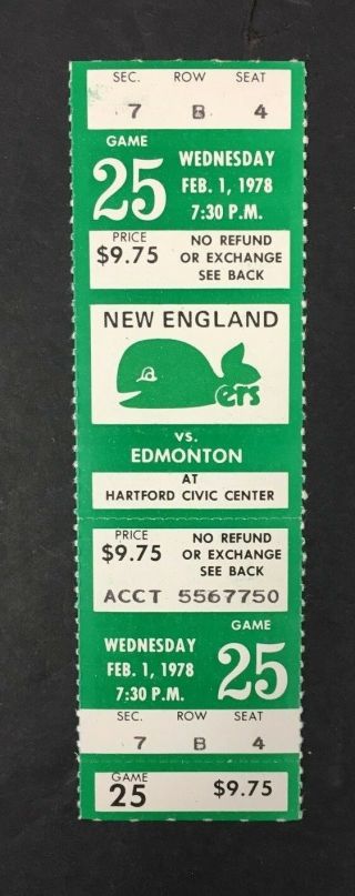 1978 England Whalers Vs Indianapolis Civic Center Wha Hockey Game 25 Ticket