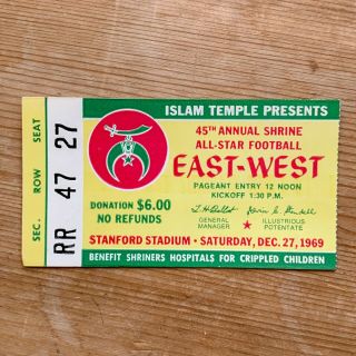 1969 East - West All Star 45th Shrine Game - College Football Ticket Stub Stanford
