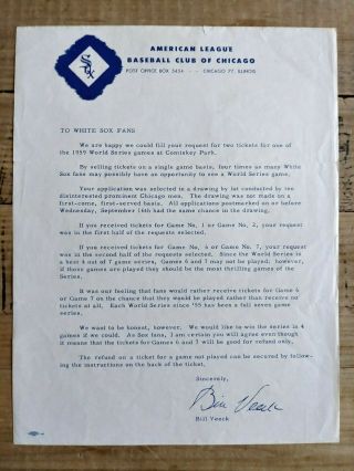 Vintage 1959 Chicago White Sox World Series Letter To Fans Bill Veek Facsimile