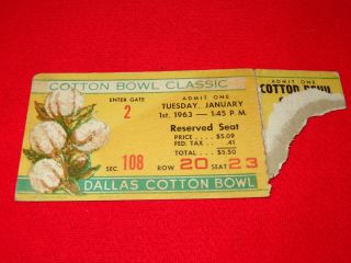 1963 Cotton Bowl Ticket Lsu Vs Texas