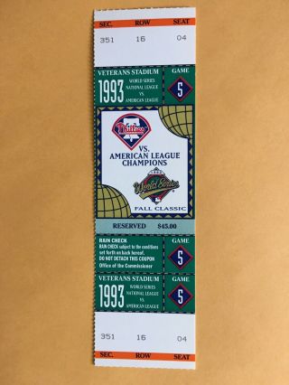 1993 Phillies V Blue Jays World Series Game 6 Full Ticket Stub @veterans Stadium
