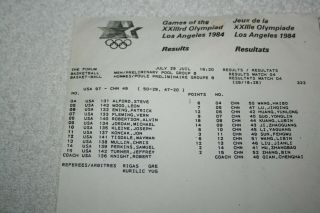 1984 USA Olympics Basketball MEDIA RESULTS SHEET Michael Jordan Patrick Ewing, 3