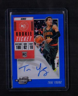 2018 - 19 Contenders Optic Trae Young Rookie Ticket Auto Card Rc Blue Prizm /49