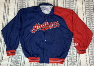 Vtg 90s Cleveland Indians Mens L Starter Nylon Snap Button Warm Up Jacket Mlb
