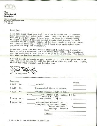 1980 Willie Stargell Fan Letter W/ Envelope Pirates Stargell Foundation Charity