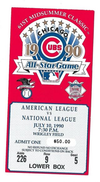 1990 Chicago Cubs Host The All - Star Game At Wrigley Field Ticket Stub