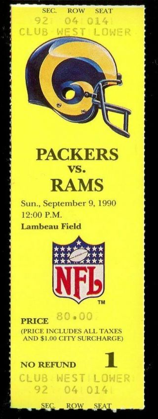 Ticket Football Green Bay Packers 1990 9.  9 Rams Leroy Butler Nfl Debut Full