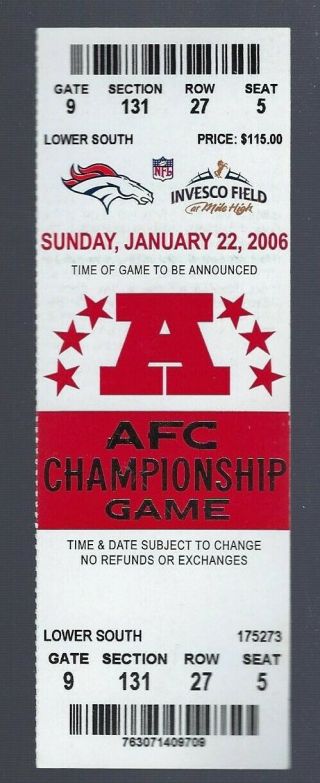 2005 - 06 Nfl Afc Championship Steelers @ Denver Broncos Full Ticket